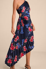 Mariella Navy Multi Floral Satin Pleated Midi Dress