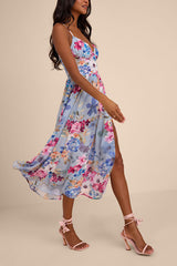 Alani Light Blue Multi Floral Lace-Up Midi Dress