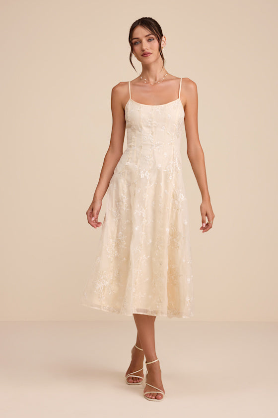 Elfrieda Cream Floral Embroidered Sleeveless Midi Dress