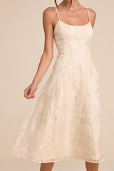 Elfrieda Cream Floral Embroidered Sleeveless Midi Dress