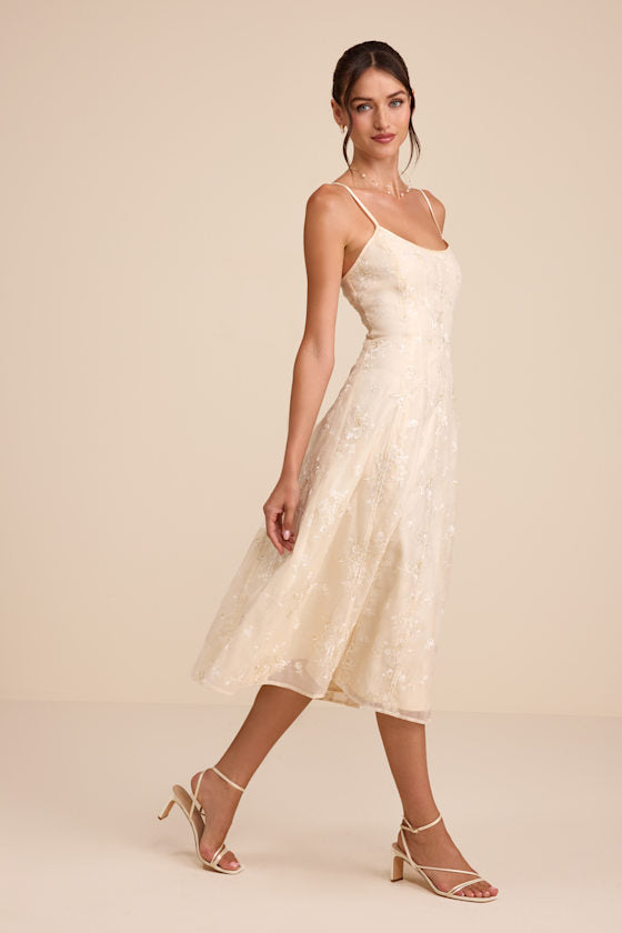 Elfrieda Cream Floral Embroidered Sleeveless Midi Dress