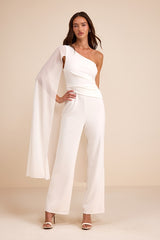 Stevie White One-Shoulder Cape Jumpsuit