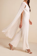 Stevie White One-Shoulder Cape Jumpsuit