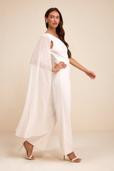 Stevie White One-Shoulder Cape Jumpsuit