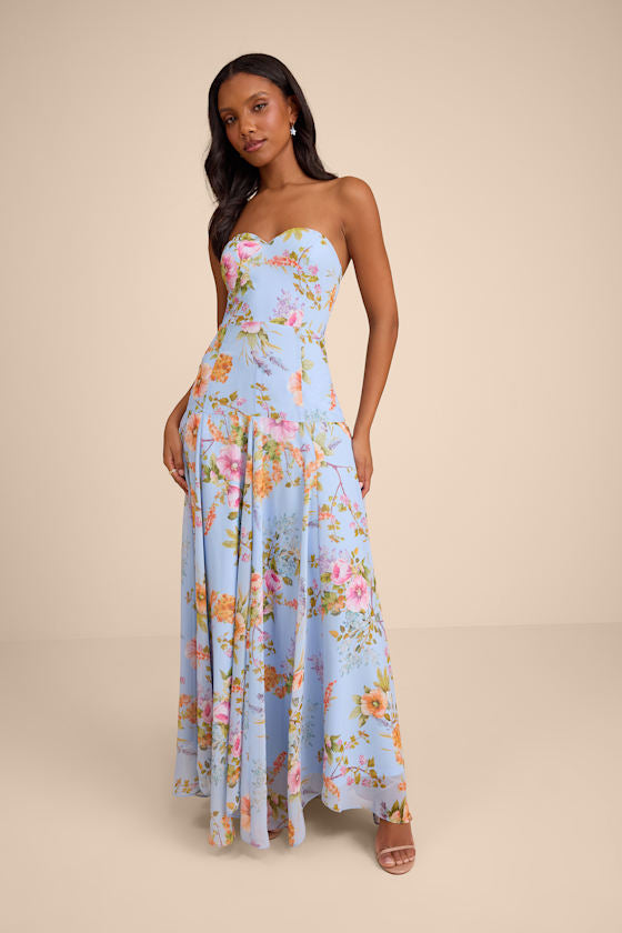 Alandria Light Blue Floral Drop Waist Maxi Dress