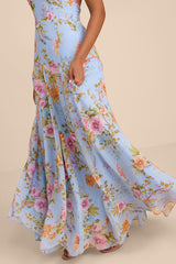 Alandria Light Blue Floral Drop Waist Maxi Dress