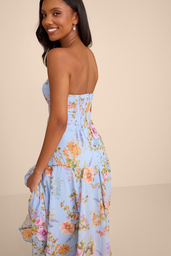 Alandria Light Blue Floral Drop Waist Maxi Dress