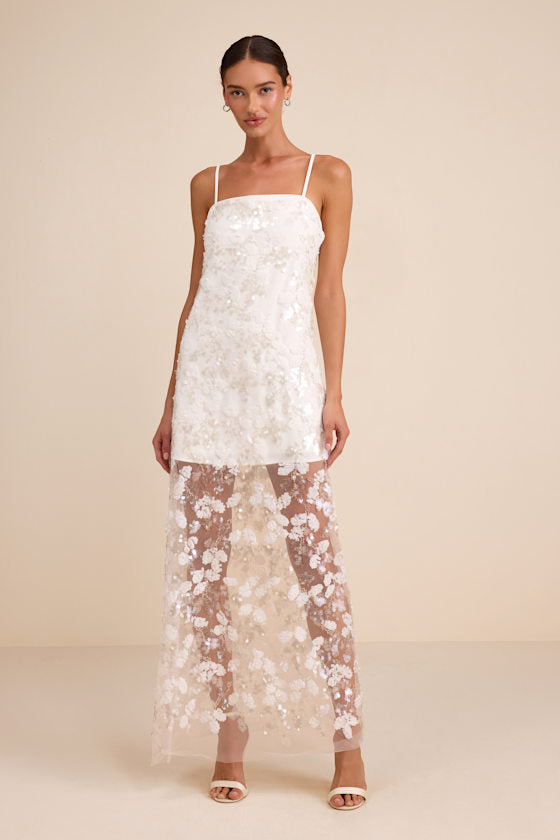 Cassie White Sequin Embroidered Sheer Hem Maxi Dress