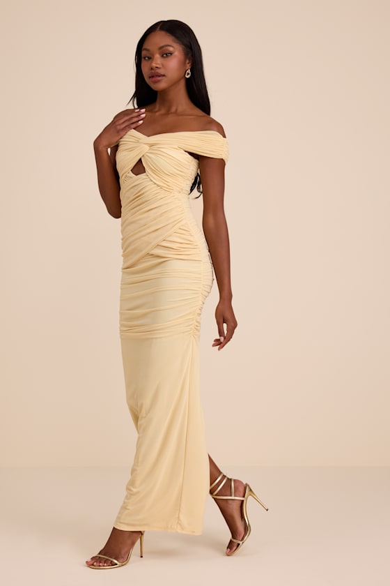 Jakaya Pale Yellow Mesh Off-the-Shoulder Maxi Dress