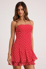 Perfected Sweetness Red Polka Dot Pleated Tiered Mini Dress