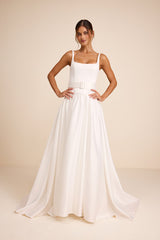 Ellington White Satin Belted Drop Waist Maxi Dress