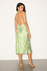 Beyond Classy Green Abstract Print Satin Halter Midi Dress