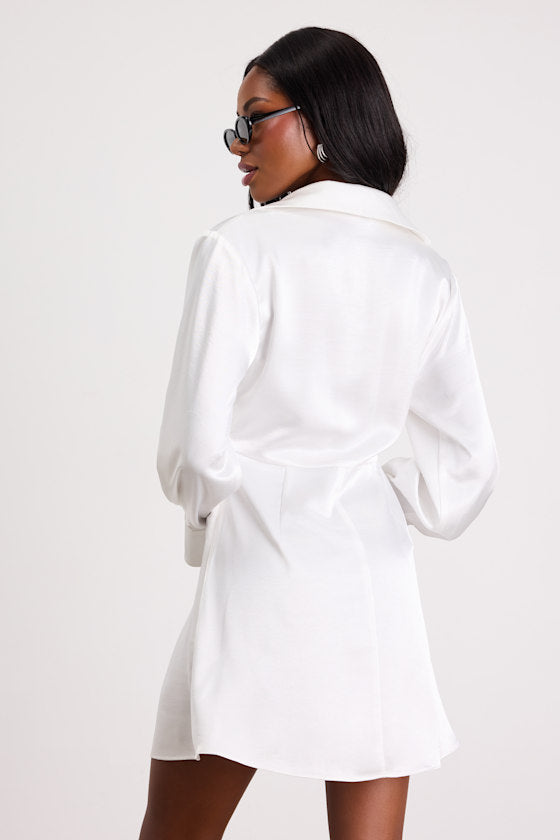 Rumaria White Satin Faux-Wrap Mini Dress