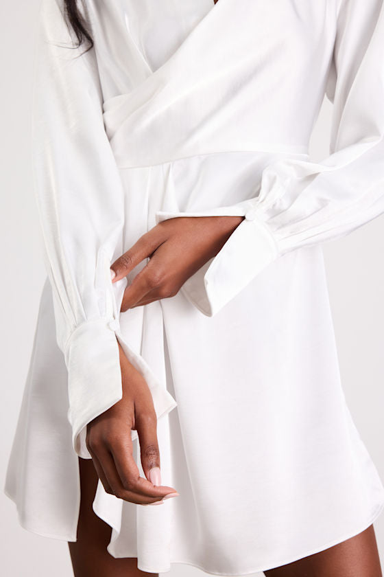 Rumaria White Satin Faux-Wrap Mini Dress