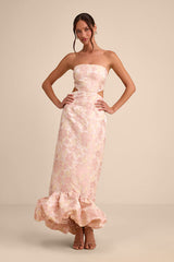 Nathania Blush Floral Jacquard Strapless Bubble-Hem Maxi Dress