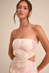 Nathania Blush Floral Jacquard Strapless Bubble-Hem Maxi Dress