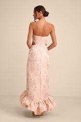 Nathania Blush Floral Jacquard Strapless Bubble-Hem Maxi Dress
