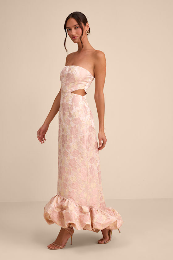 Nathania Blush Floral Jacquard Strapless Bubble-Hem Maxi Dress