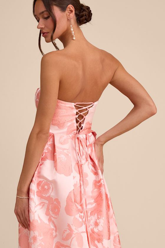 Laurelin Blush Floral Jacquard Pleated Strapless Maxi Dress