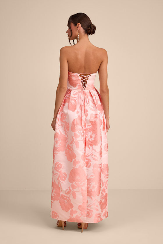 Laurelin Blush Floral Jacquard Pleated Strapless Maxi Dress
