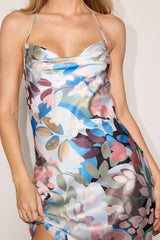Elevated Effect Multi Floral Satin Halter Slip Mini Dress