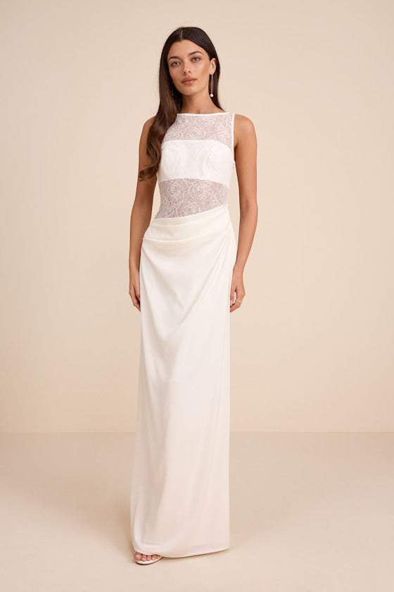 Akasha White Sheer Lace Mixed-Media Maxi Dress