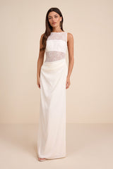 Akasha White Sheer Lace Mixed-Media Maxi Dress