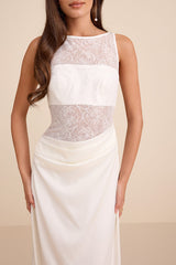 Akasha White Sheer Lace Mixed-Media Maxi Dress