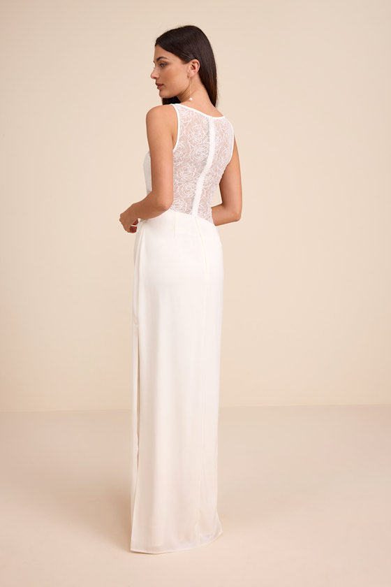 Akasha White Sheer Lace Mixed-Media Maxi Dress