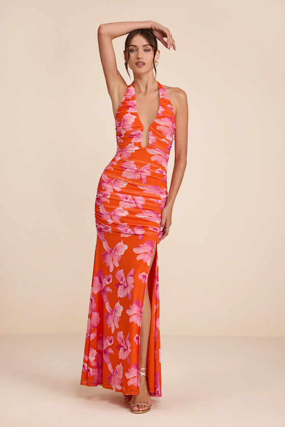 Fiametta Orange and Pink Floral Ruched Maxi Dress