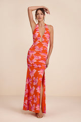 Fiametta Orange and Pink Floral Ruched Maxi Dress