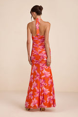 Fiametta Orange and Pink Floral Ruched Maxi Dress