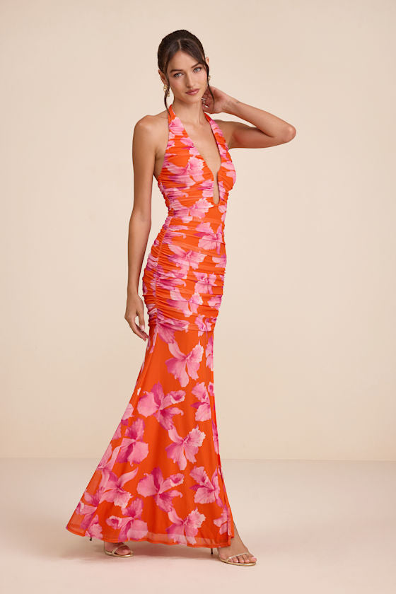 Fiametta Orange and Pink Floral Ruched Maxi Dress