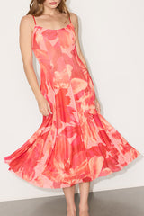 Atori Red Multi Floral Print Mesh Sleeveless Midi Dress