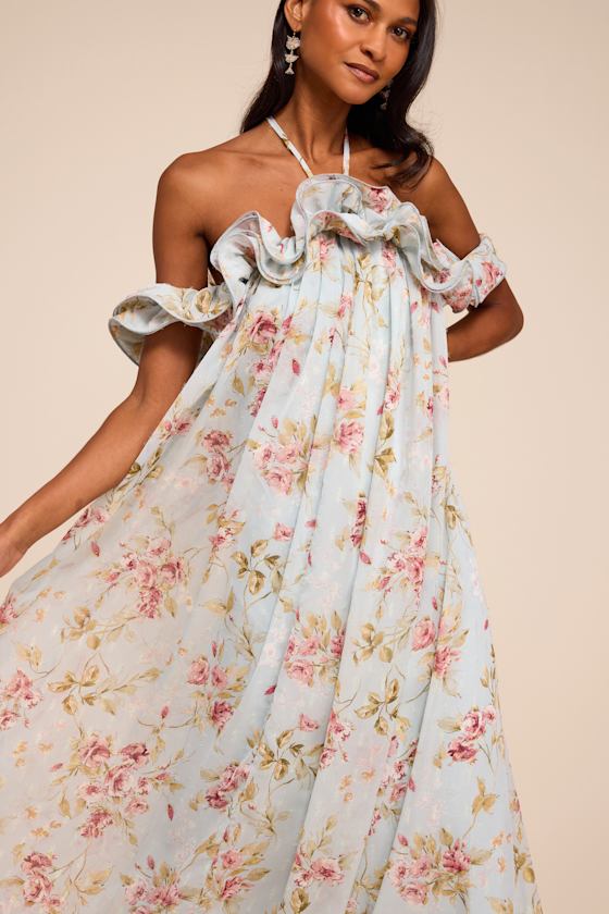 Amia Light Blue Floral Ruffled Shift Maxi Dress