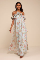 Amia Light Blue Floral Ruffled Shift Maxi Dress