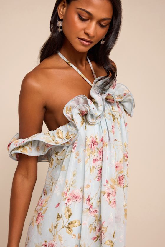 Amia Light Blue Floral Ruffled Shift Maxi Dress