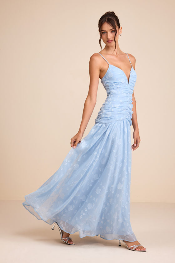 Payton Light Blue Floral Burnout Drop Waist Maxi Dress