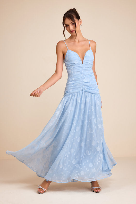 Payton Light Blue Floral Burnout Drop Waist Maxi Dress
