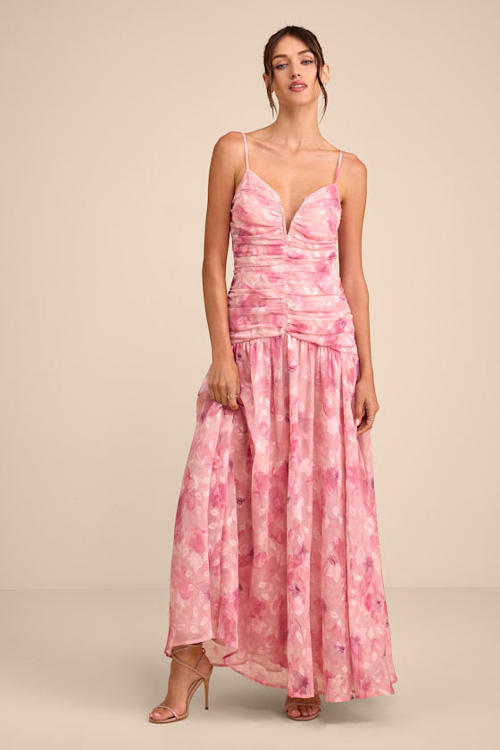 Payton Pink Floral Burnout Drop Waist Maxi Dress