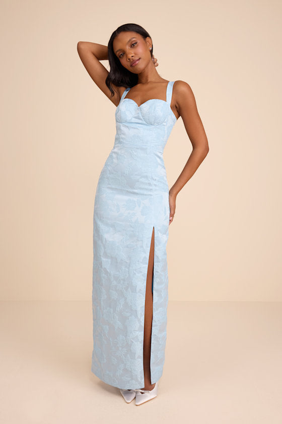 Demina Light Blue Floral Jacquard Bustier Maxi Dress