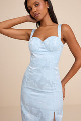 Demina Light Blue Floral Jacquard Bustier Maxi Dress