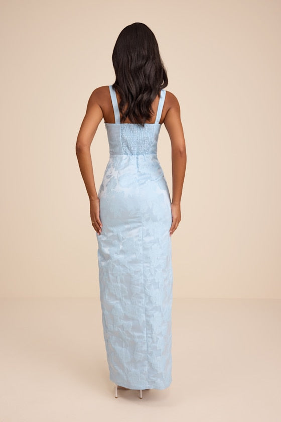 Demina Light Blue Floral Jacquard Bustier Maxi Dress