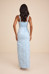 Demina Light Blue Floral Jacquard Bustier Maxi Dress