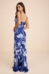 Florine Blue Floral Satin Tie-Strap Maxi Dress