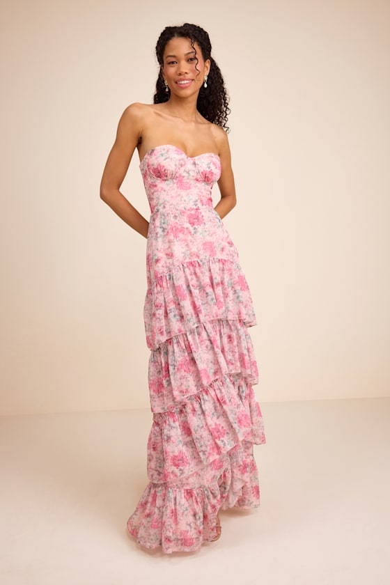 Dessie Light Pink Floral Tiered Maxi Dress