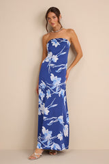 Arisa Blue Floral Satin Strapless Maxi Dress