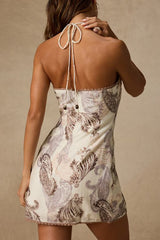 Eileena Ivory Multi Boho Print Halter Mini Dress