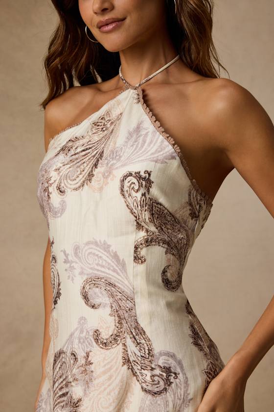 Eileena Ivory Multi Boho Print Halter Mini Dress