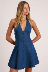 Juelene Dark Wash Denim Button-Front Mini Dress